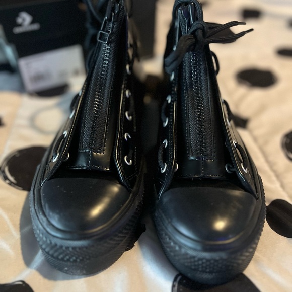 Converse Black Leather All Star Platform High-Top Sneakers w Zip Front - Picture 5 of 6